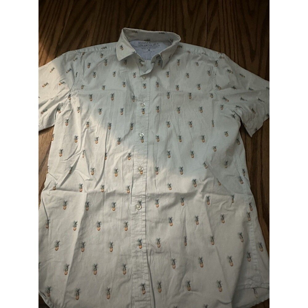 Banana Republic Grant Slim Fit Shirt Pineapple Print White M Short Sleeve